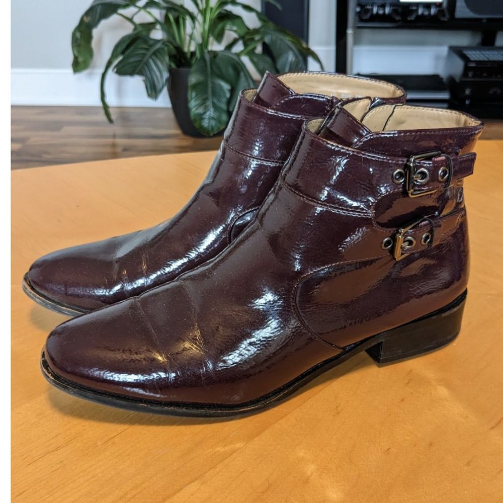 Franco Sarto Riddick Burgundy Patent Leather Chelsea Ankle Boots Size 8.5